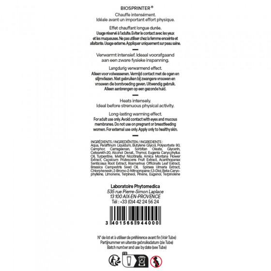 Biosprinter 250 ml – Crème-Gel de Massage Très Chauffante - PhytoMédica
