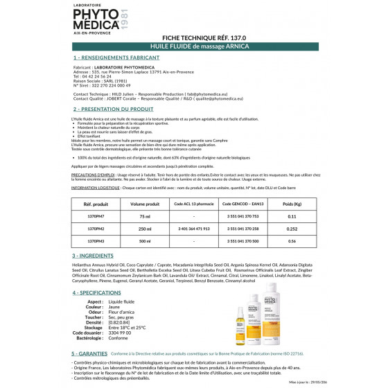 Aceite fluido de masaje con Árnica - 250 ml - PhytoMédica